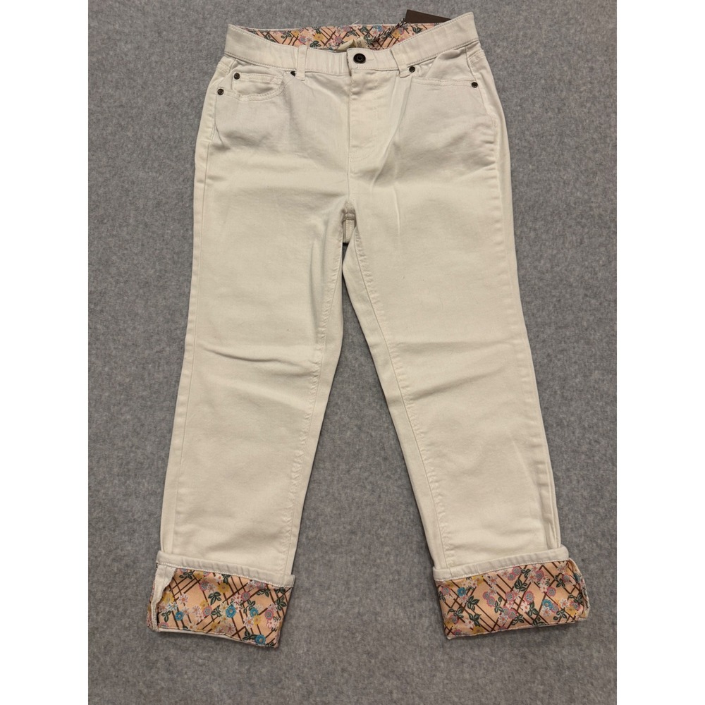 NWT Matilda Jane Womens White Floral Cuffed Denim Jeans‎ Size 8 Straight Leg